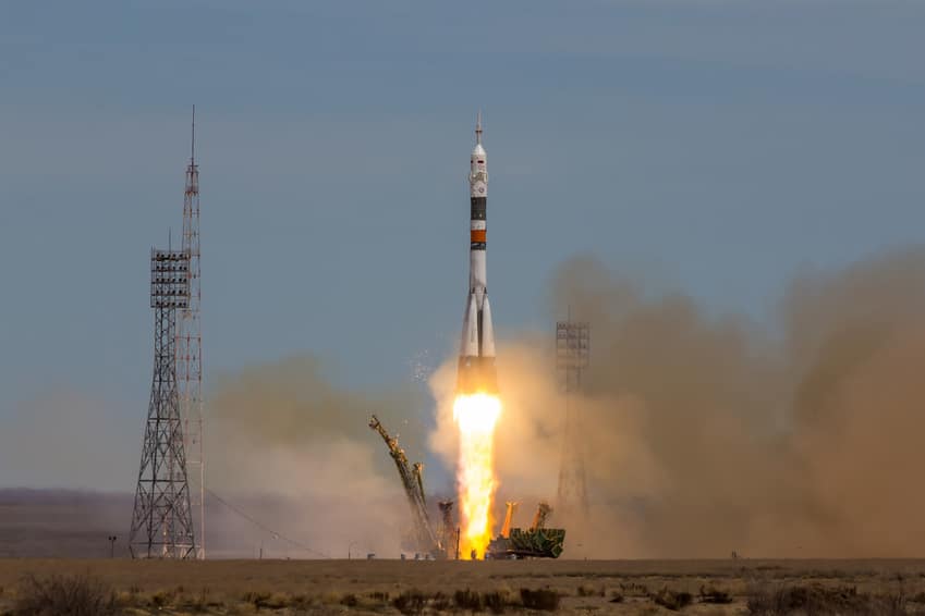 A rocket launching into space for scientists to work in laboratories in space