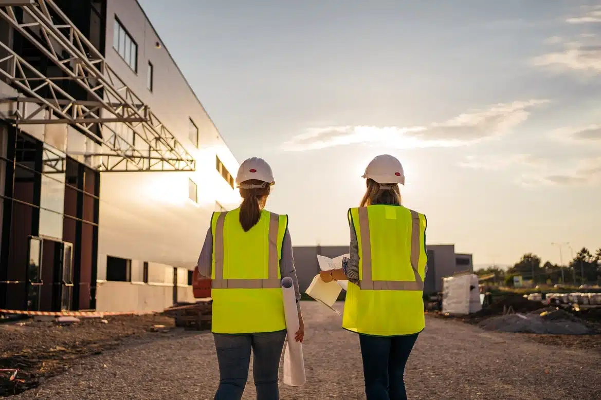 Female construction engineers with helmet walking through the construction site and making plans for their project.