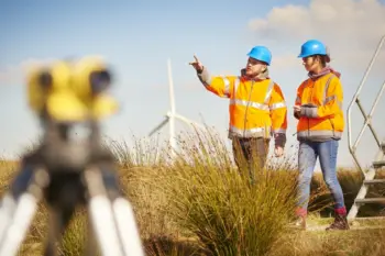 two wind farm engineers using a builder's level to plan out the expansion of the wind farm site. they are wearing orange hi vis jackets and blue hard hats . one is male , one is female. In the foreground the female is looking through the level whilst the male engineer is approaching .In the background wind turbines can be seen across the landscape.
