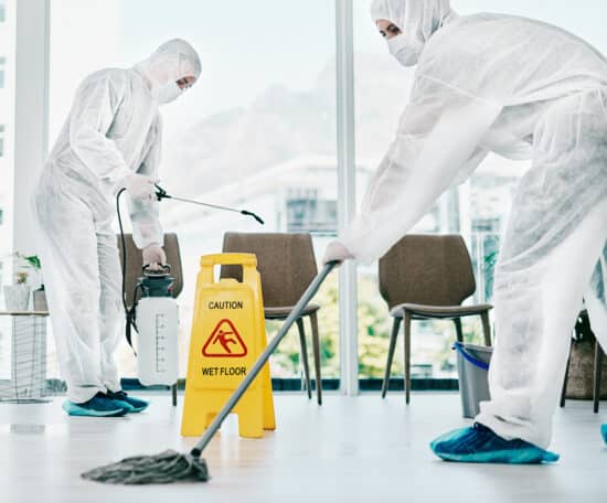 Shot of healthcare workers wearing hazmat suits and sanitising a room during an outbreak